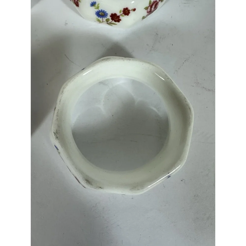 Porcelain Floral Chintz Napkin Rings Octagonal White Rosey Red Blue Set Of 4 Vtg